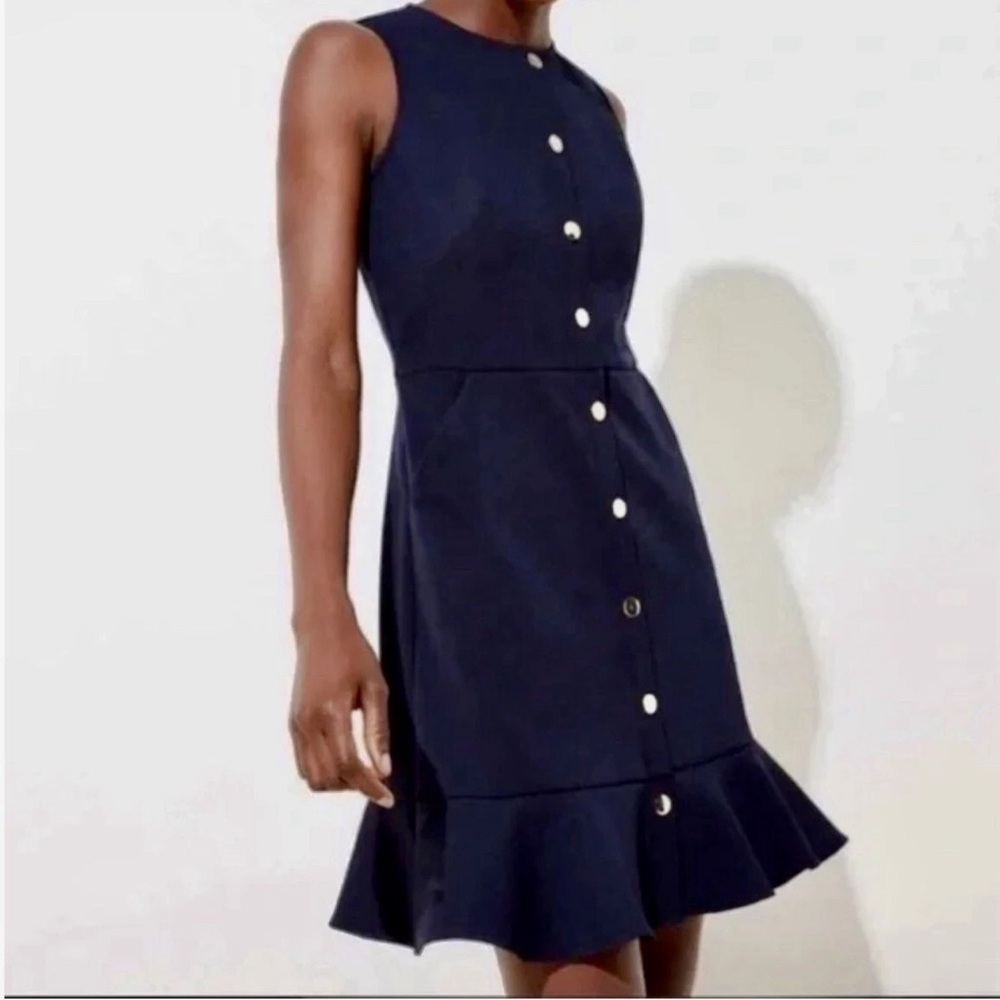 LOFT SLEEVELESS NAVY BUTTON DOWN DRESS RETRO STYLE W/ GOLD BUTTONS & BACK ZIP‎